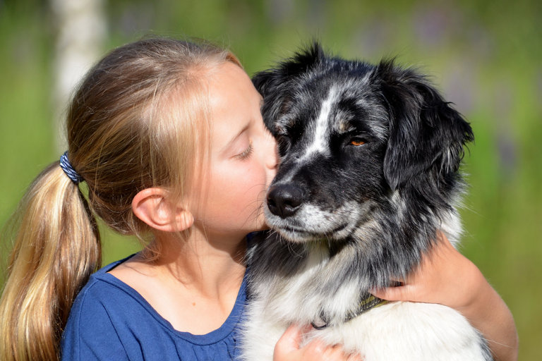 Flicka omfamnar en australian shepherd.