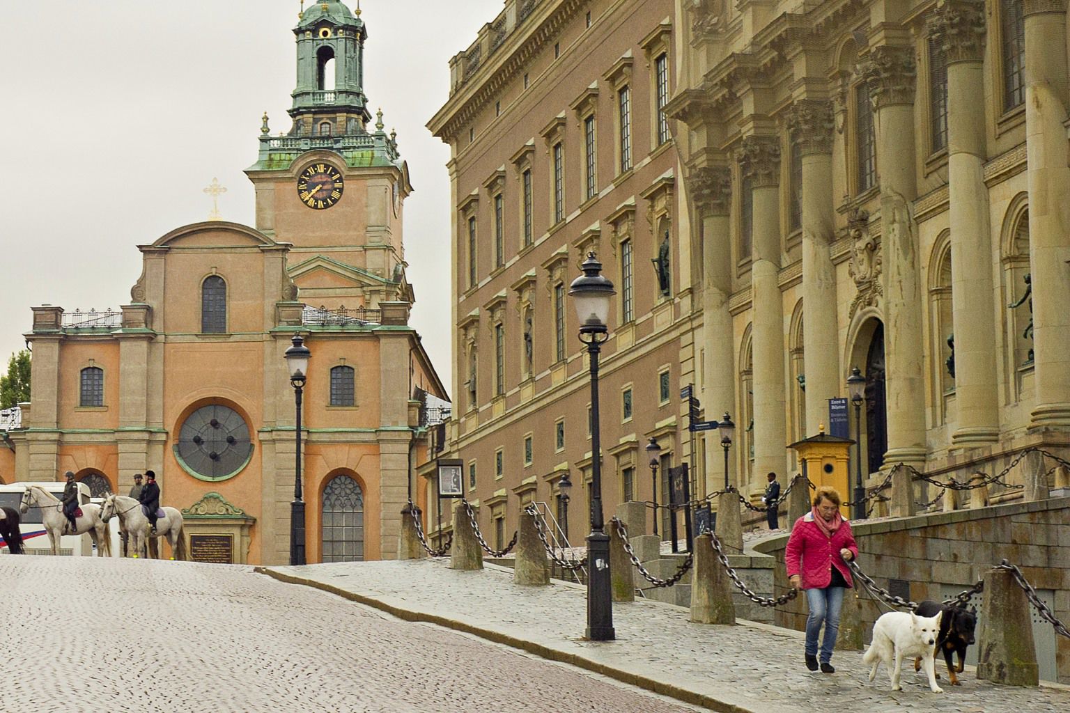 Kvinna med en svart och en vit hund i Slottsbacken.