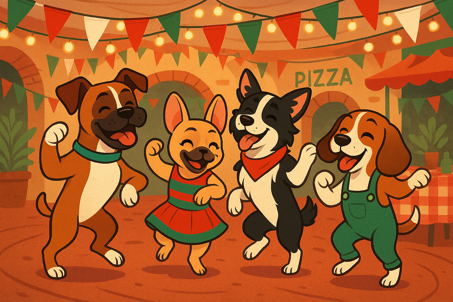 Dansande hundar på fest med italienskt tema, AI-genererad