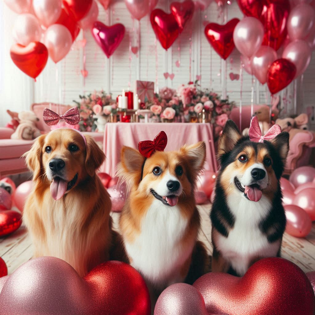 AI-genererad bild på tre hundar på fest med kärlekstema