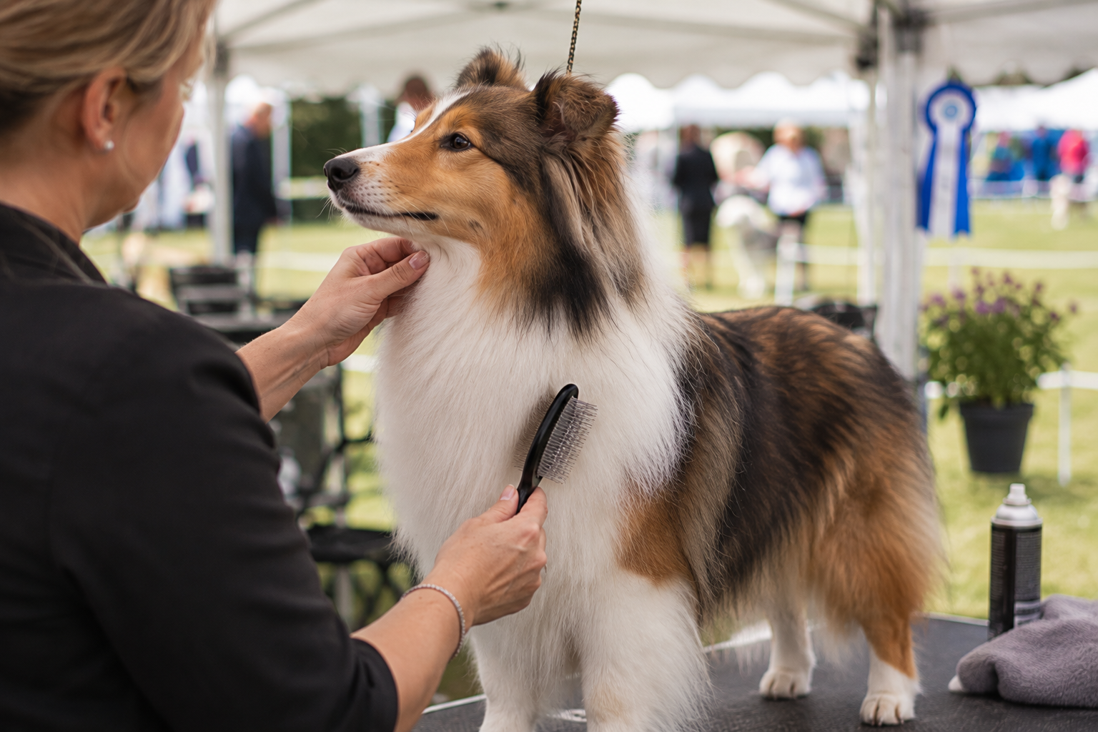 hund som blir borstad inför utställning